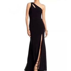 AQUA black asymmetric evening gown